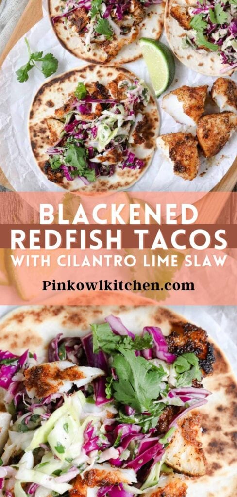 blackened redfish tacos with slaw on a cutting board.