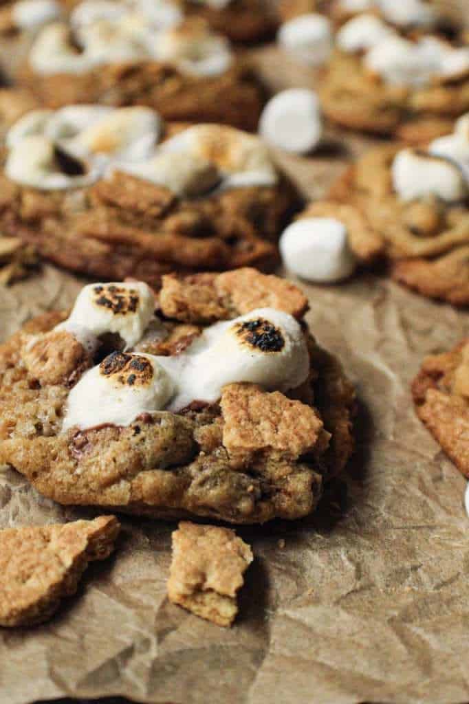 close up of s'mores cookies on parchment
