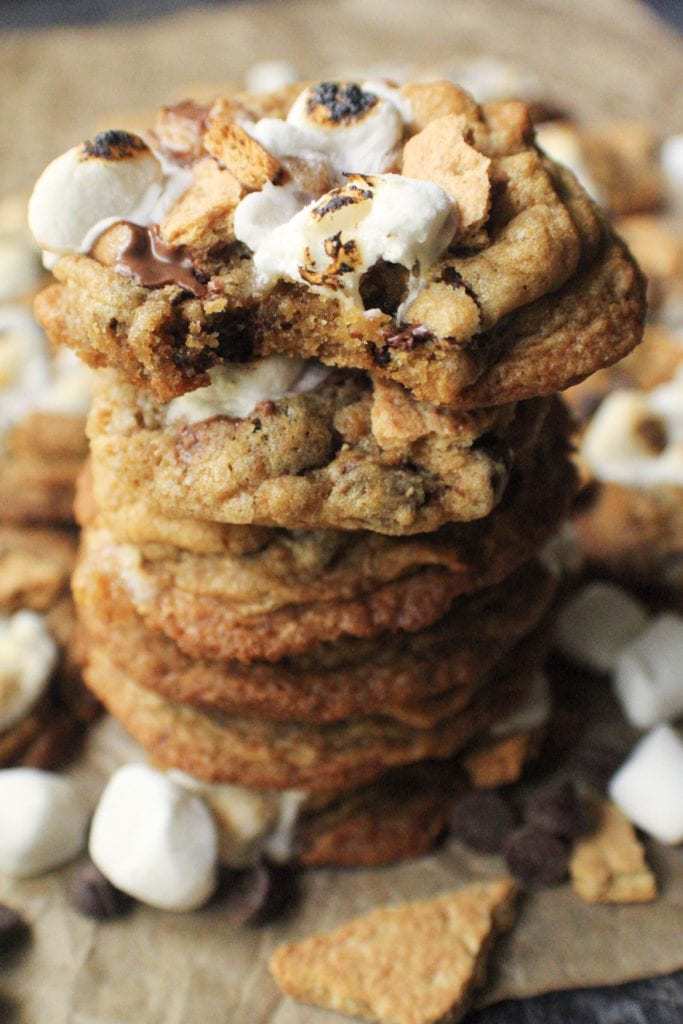 close up of stack of s'mores cookies