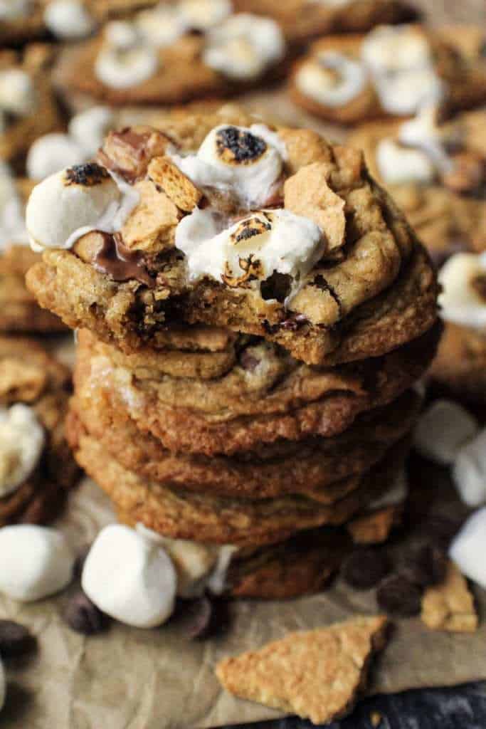 close up of s'mores cookie stack