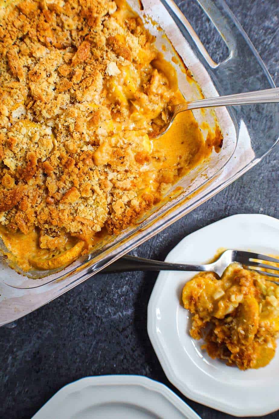 southern squash casserole in glass baking dish