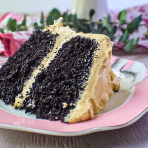 A slice of dark chocolate peanut butter layer cake on a dessert plate.