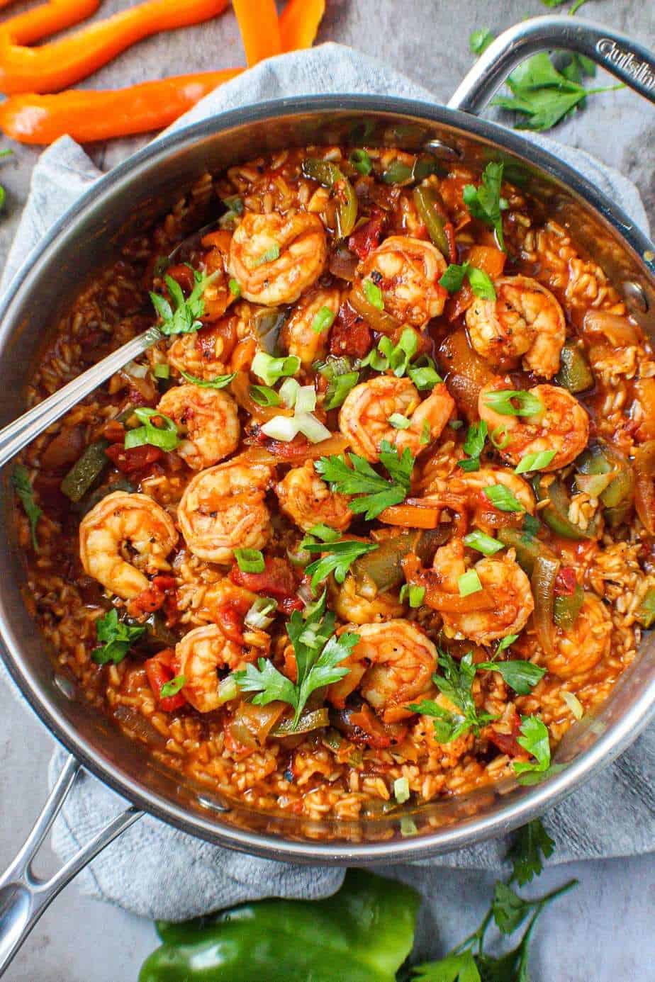 overhead shot of cajun shrimp and rice on spoon