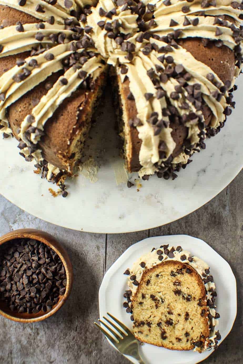 chocolate chip pound cake with cookie dough frosting