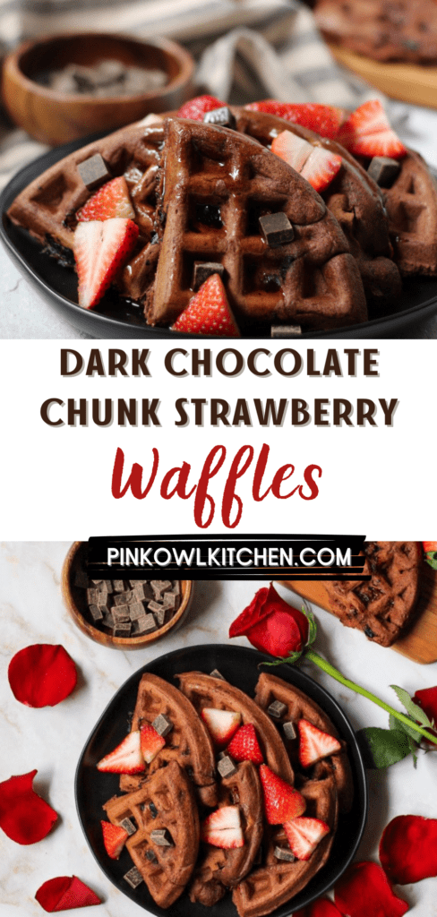 Dark chocolate waffles are loaded with chocolate chunks and fresh strawberries to create the perfect sweet breakfast or brunch recipe! #waffles #chocolatewaffles #breakfastrecipes #brunchrecipes #sweetbreakfast