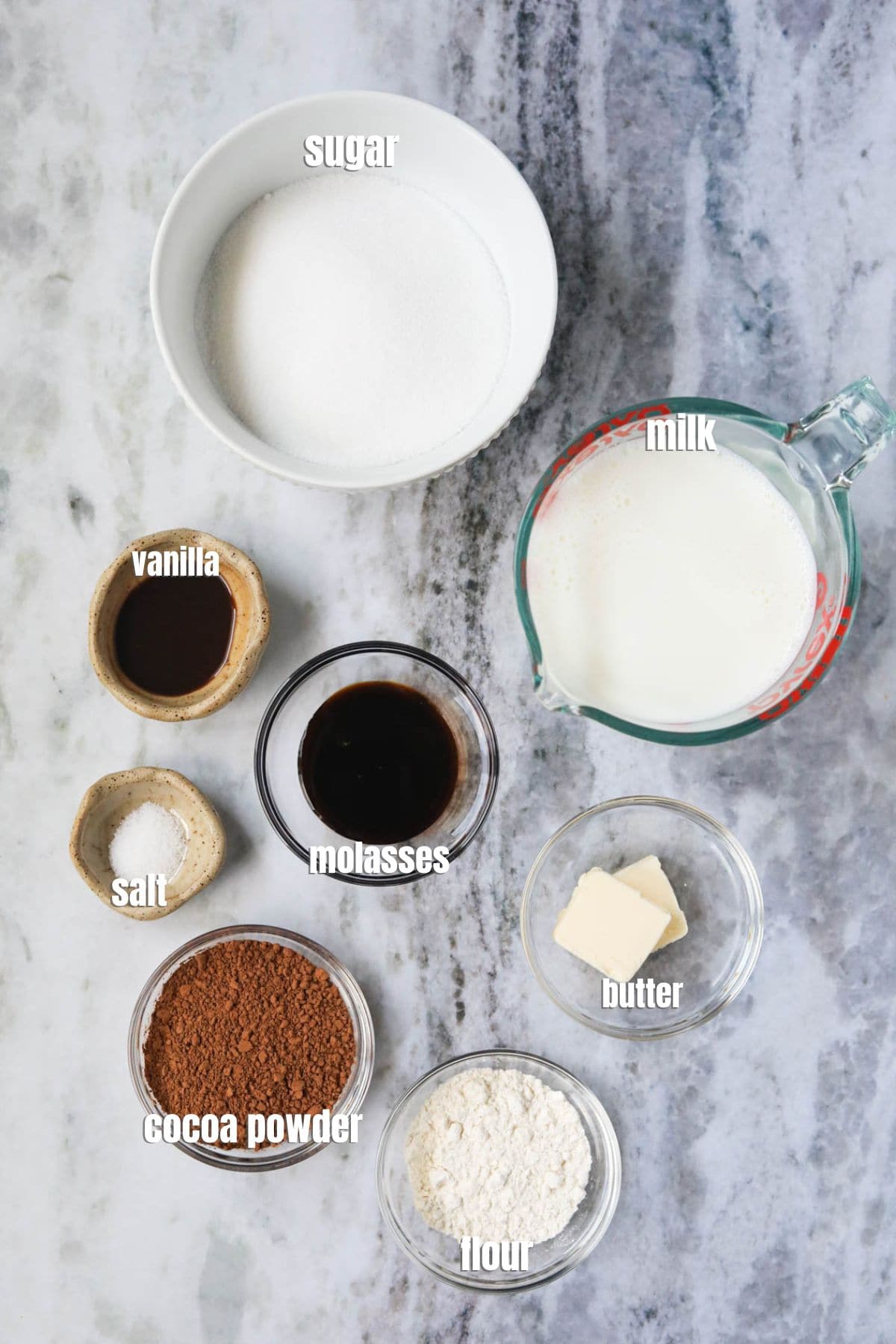 Ingredients for making chocolate gravy arranged on a white surface.