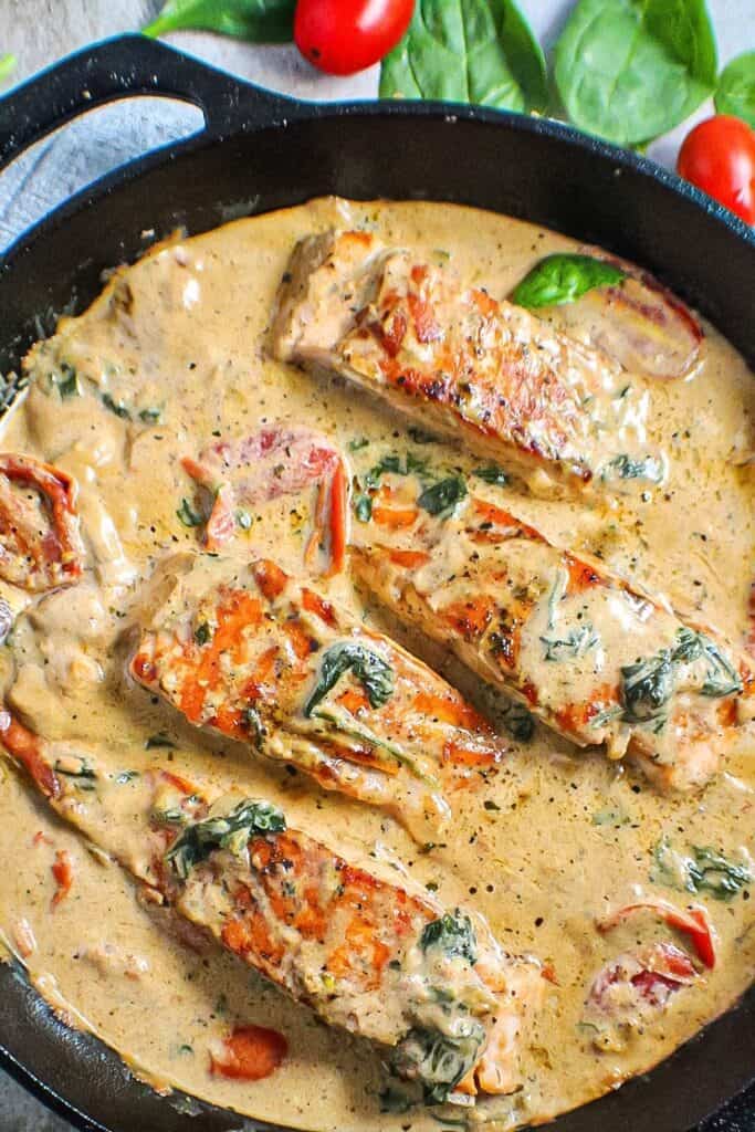 overhead closeup of creamy garlic tuscan salmon