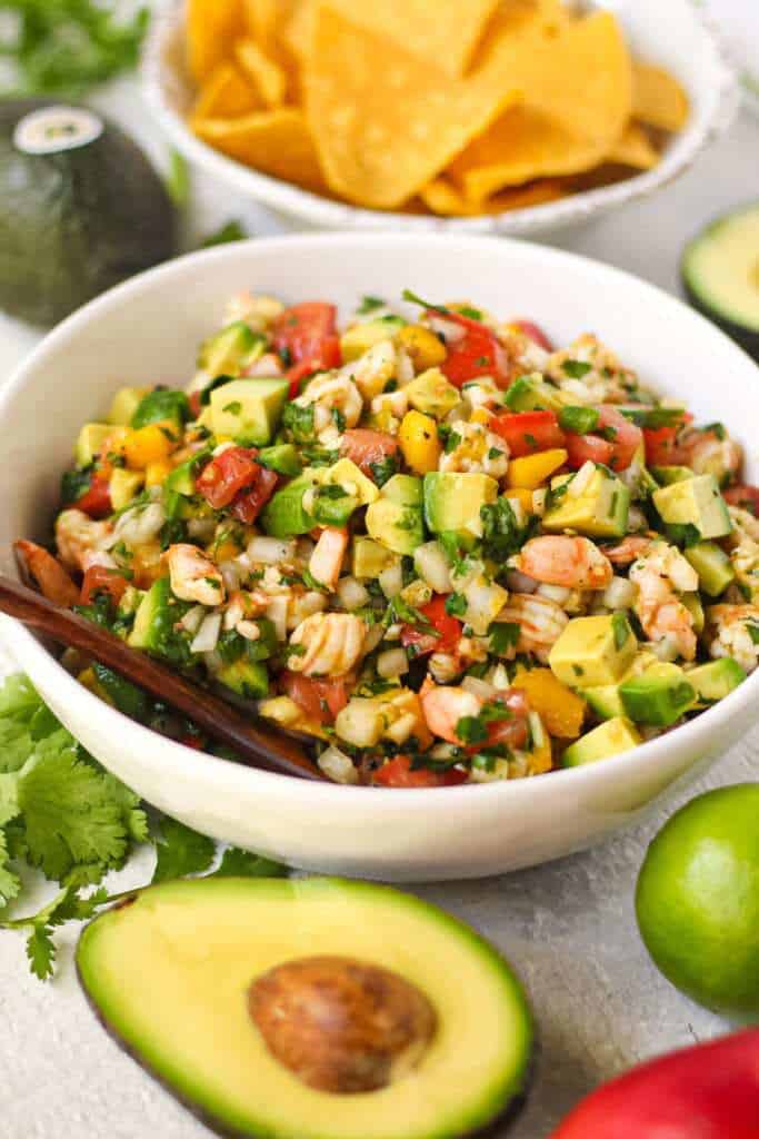  side angle shot of Avocado, shrimp and mango ceviche 