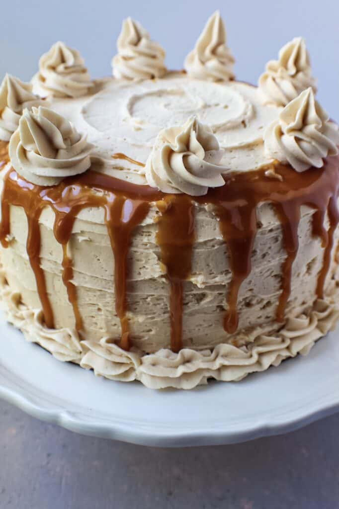 side shot of caramel cheesecake layer cake