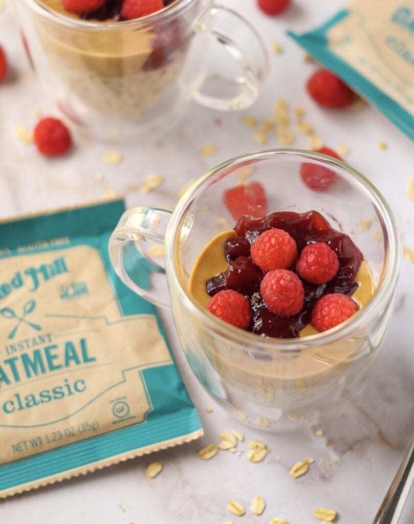 overhead shot of peanut butter & jelly instant oatmeal cups