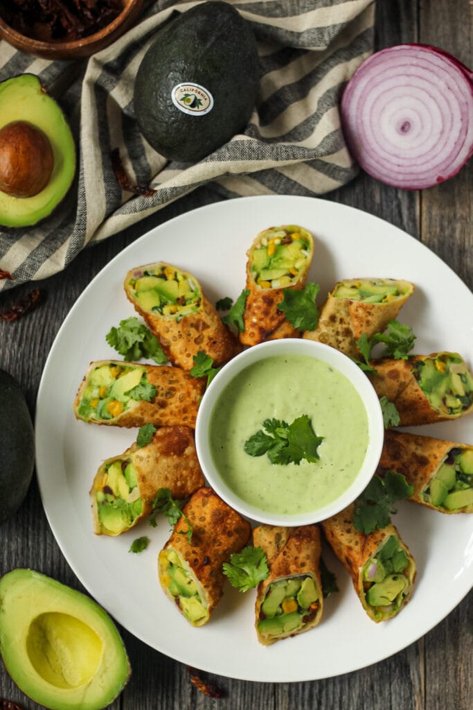 overhead shot of avocado egg rolls