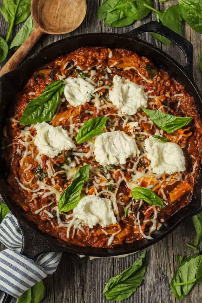 overhead shot of skillet lasagna in cast iron skillet.