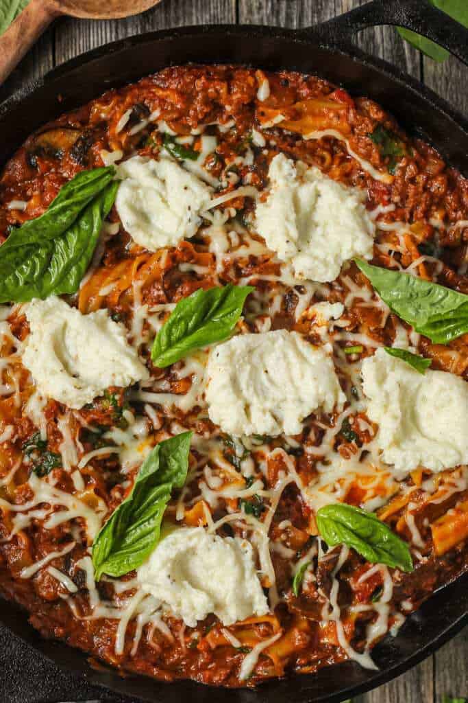 overhead shot of skillet lasagna in cast iron skillet.
