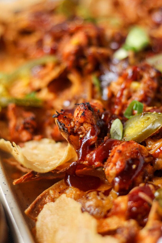 close up shot of bbq salmon nachos