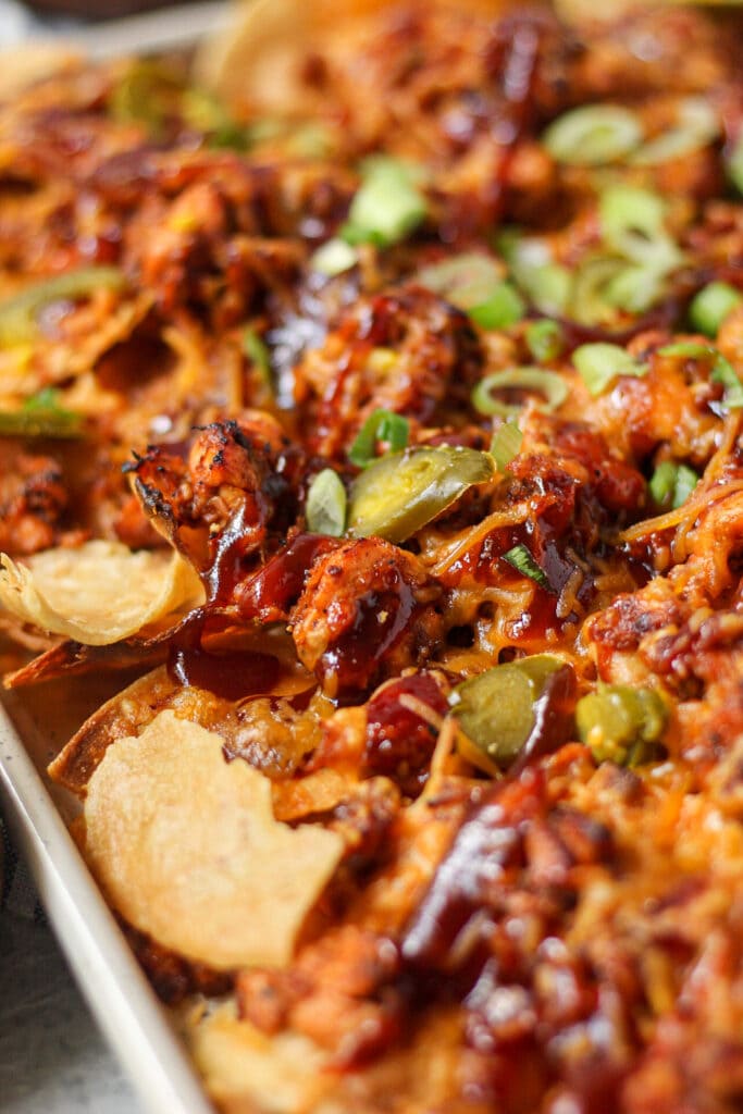 close up shot of bbq salmon nachos