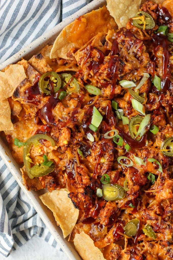 overhead shot of bbq salmon nachos