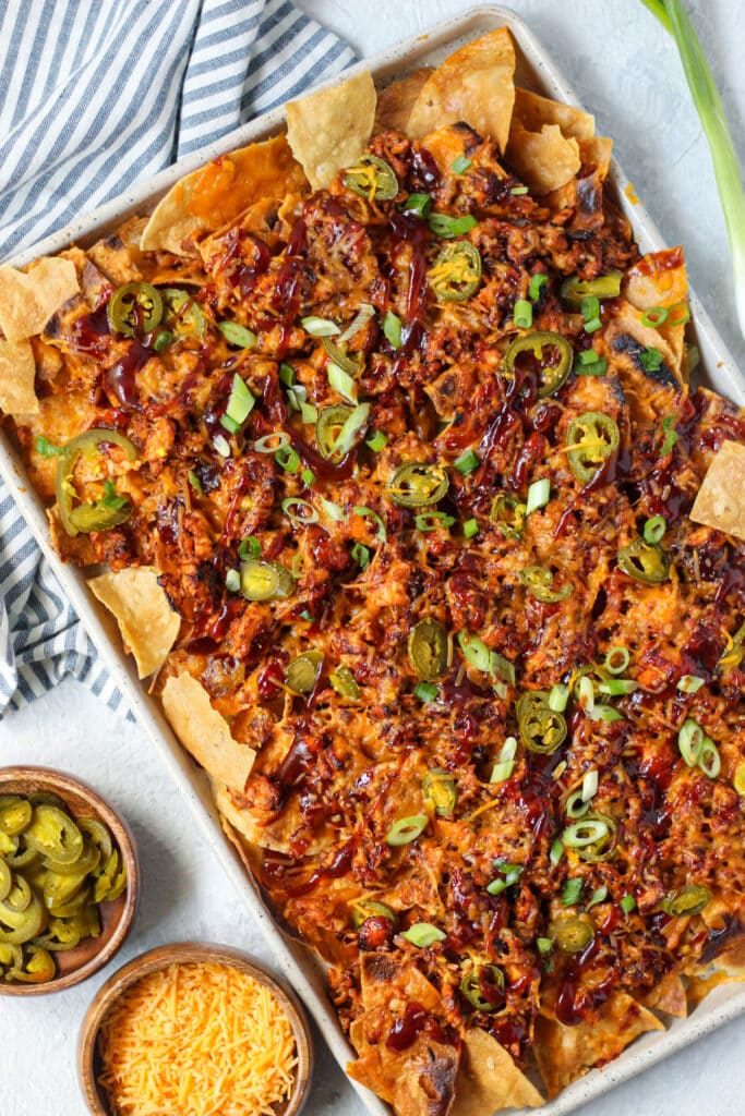 overhead shot of bbq salmon nachos