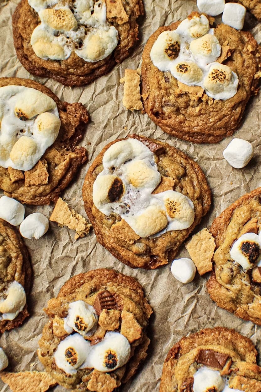 overhead shot of s'mores cookies on parchment paper.