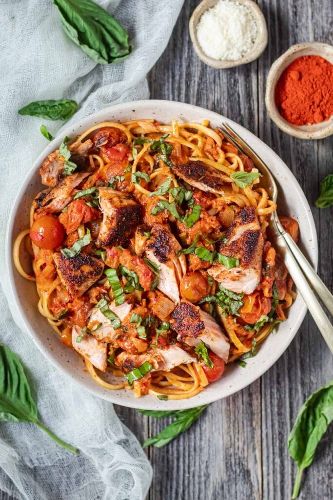 Blackened Salmon Pasta with Tomato Cream Sauce - Pink Owl Kitchen