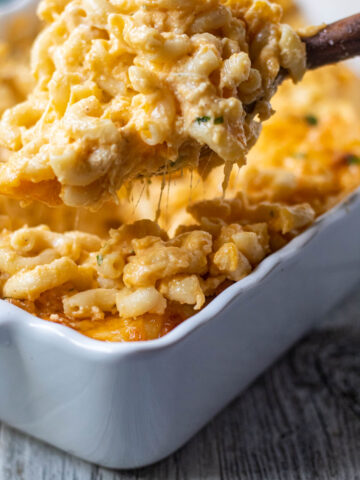 southern baked macaroni and cheese on a spoon with in a white baking dish in the background