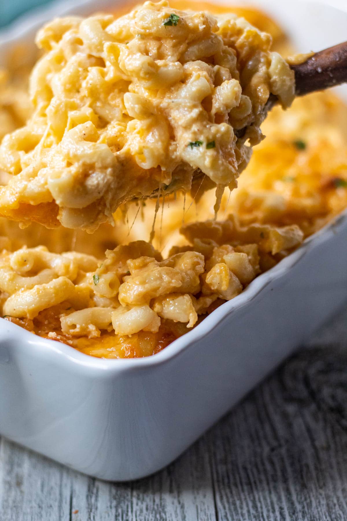 southern baked macaroni and cheese on a spoon with in a white baking dish in the background