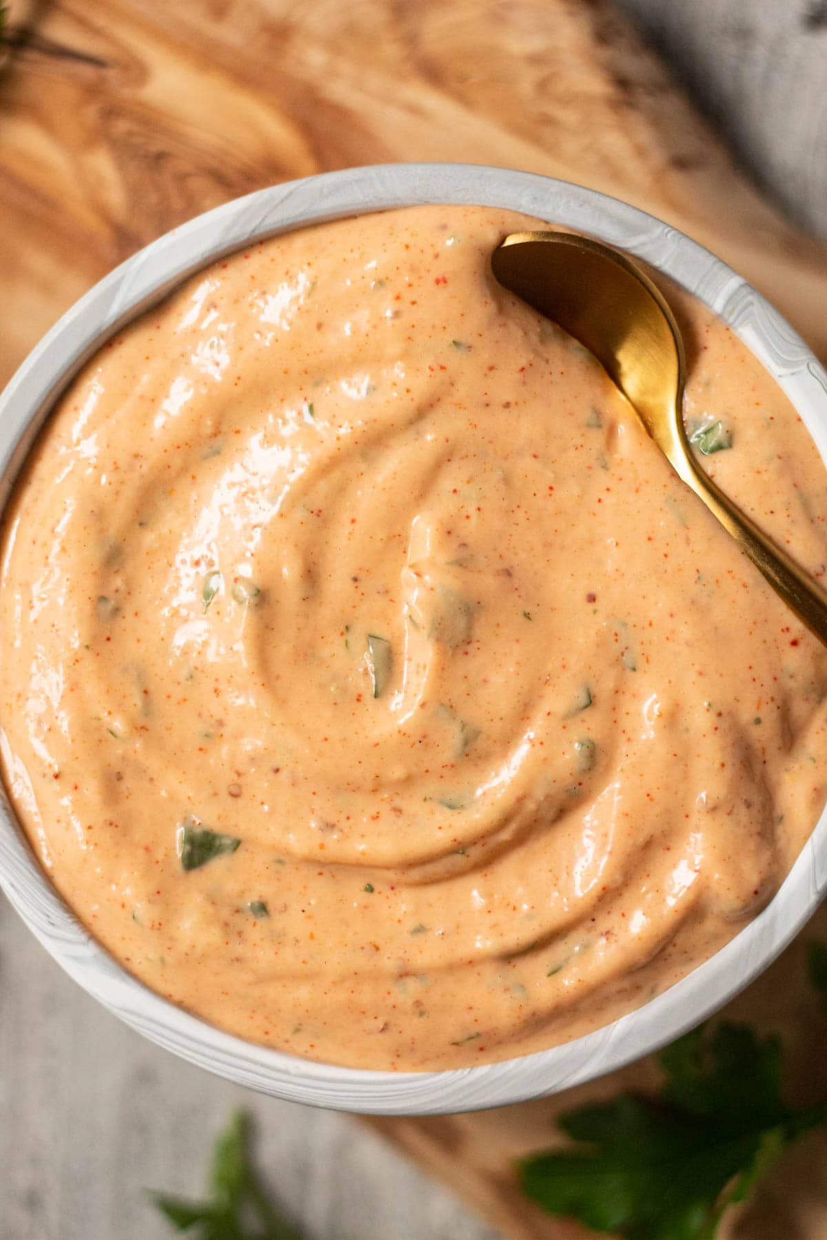 New Orleans remoulade sauce in a gray bowl.
