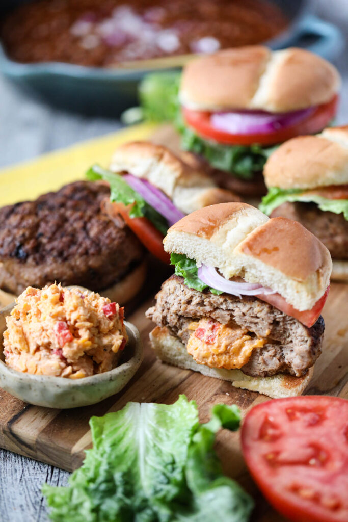 Grilled Pimento Cheese Stuffed Burgers - Pink Owl Kitchen