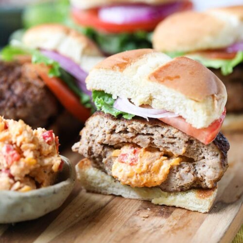 Grilled Pimento Cheese Stuffed Burgers - Pink Owl Kitchen