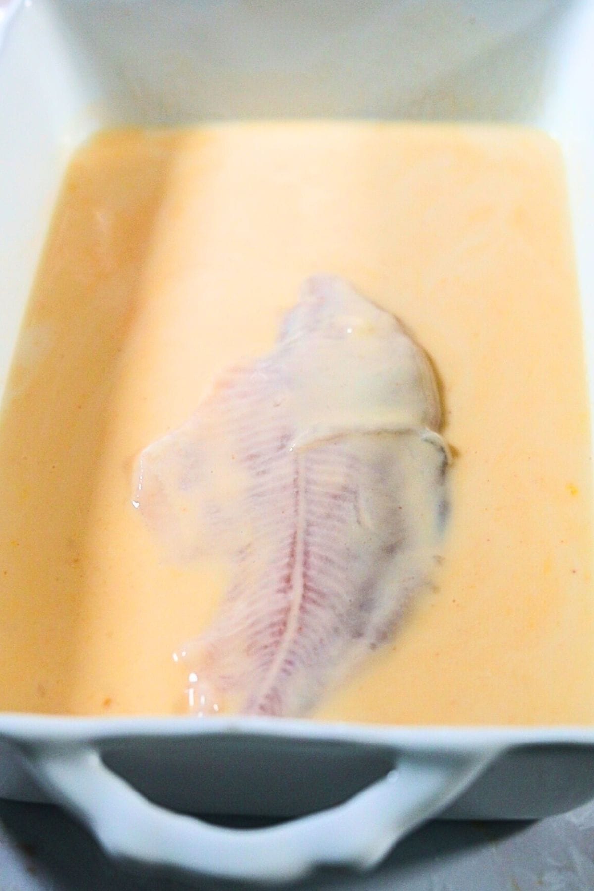 Catfish fillet being dredged in buttermilk coating.