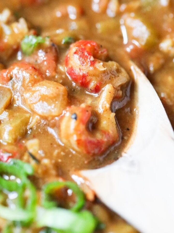 crawfish etouffee on a wooden spoon to show detail.
