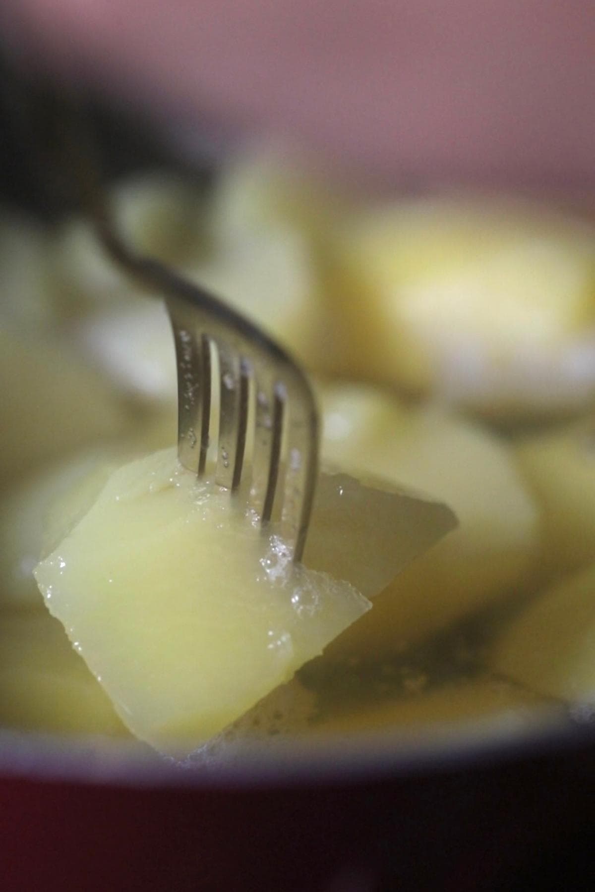 boiled potato being pierced with a fork.