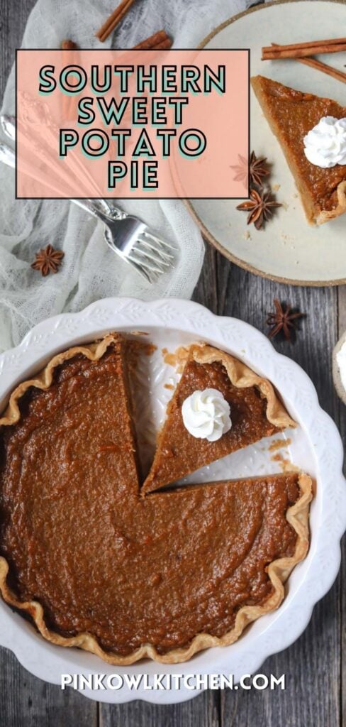 southern sweet potato pie sliced in a white pie dish and a single slice on a plate with whipped cream on a wooden surface.