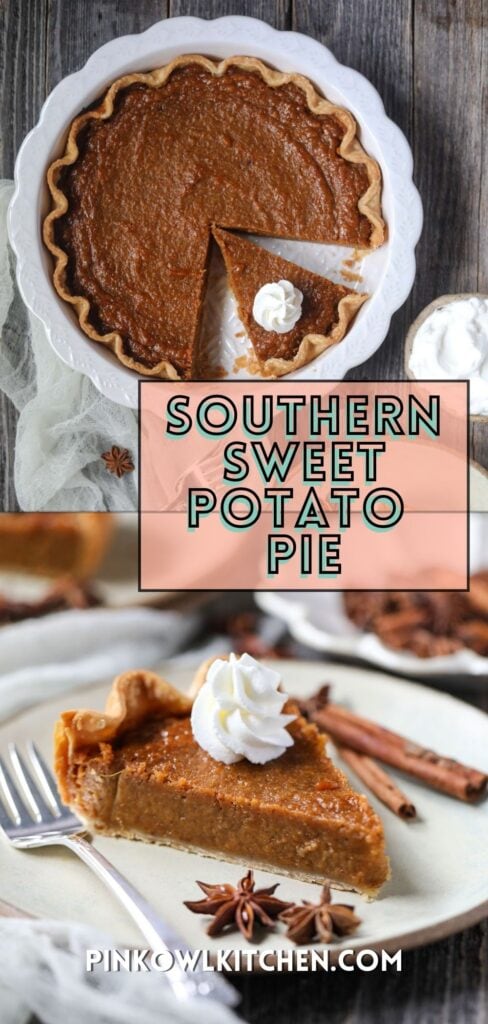 southern sweet potato pie sliced in a white pie dish and a single slice on a plate with whipped cream on a wooden surface.