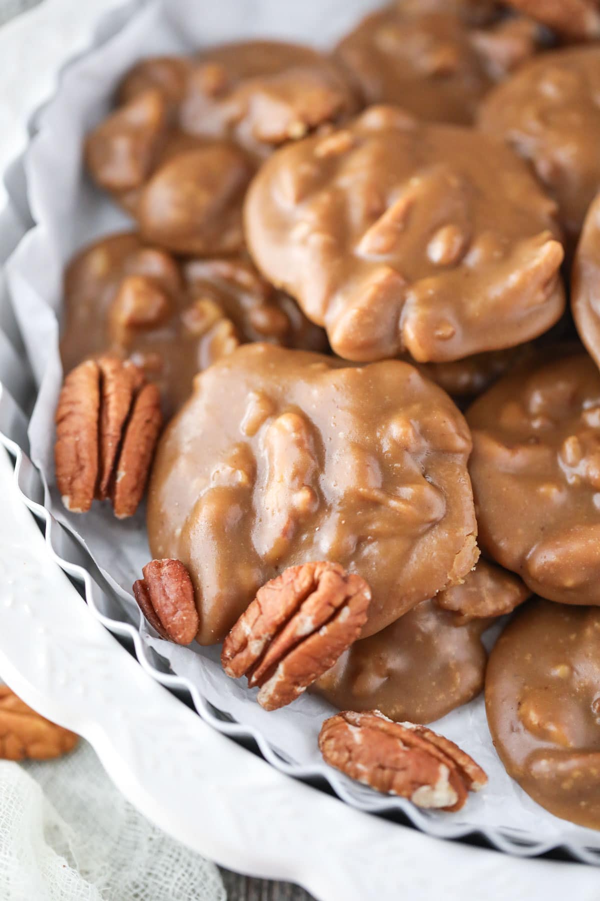 southern pecan pralines on a plate.