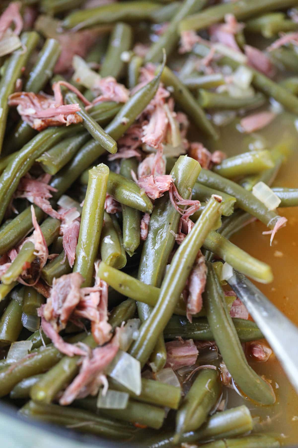 southern green beans with smoked turkey in a pot.