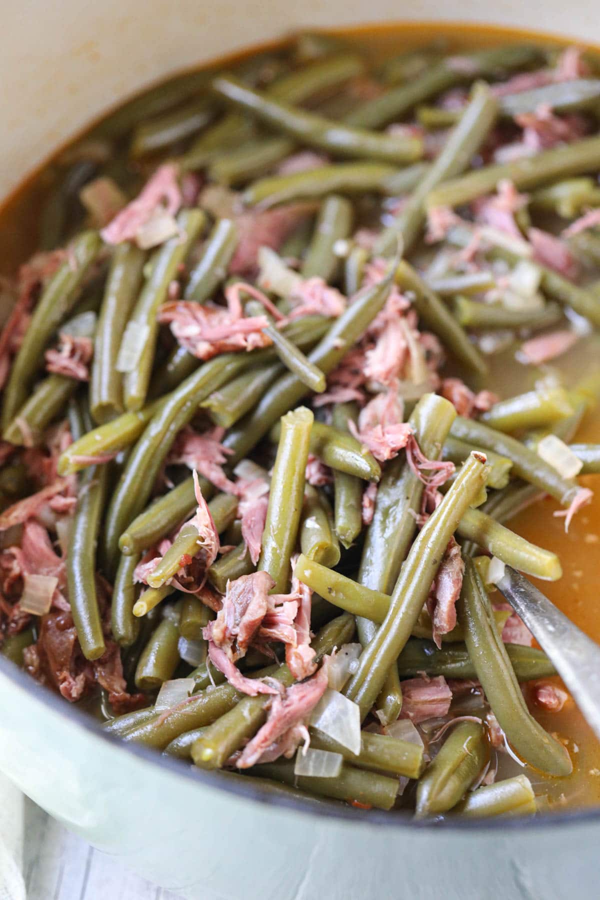 southern green beans with smoked turkey in a pot.