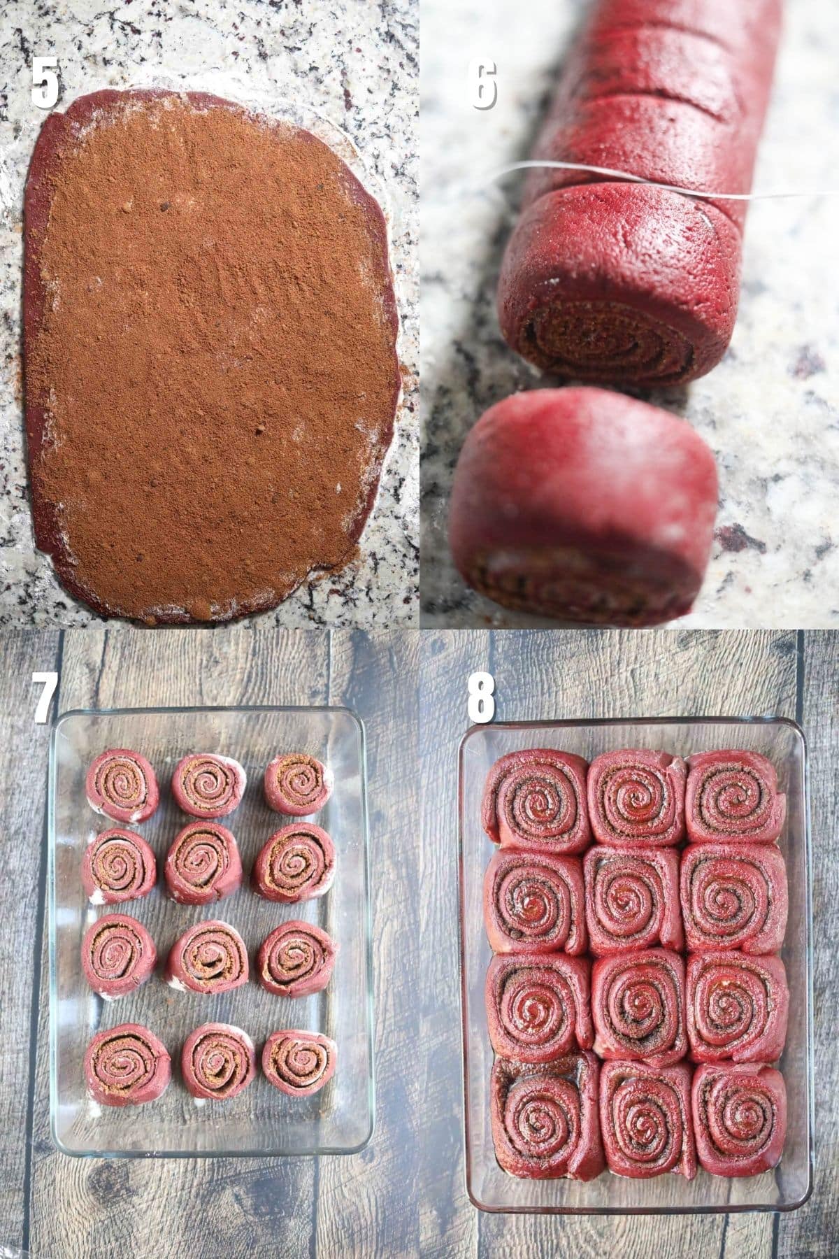 step by step instructions for making red velvet cinnamon rolls.