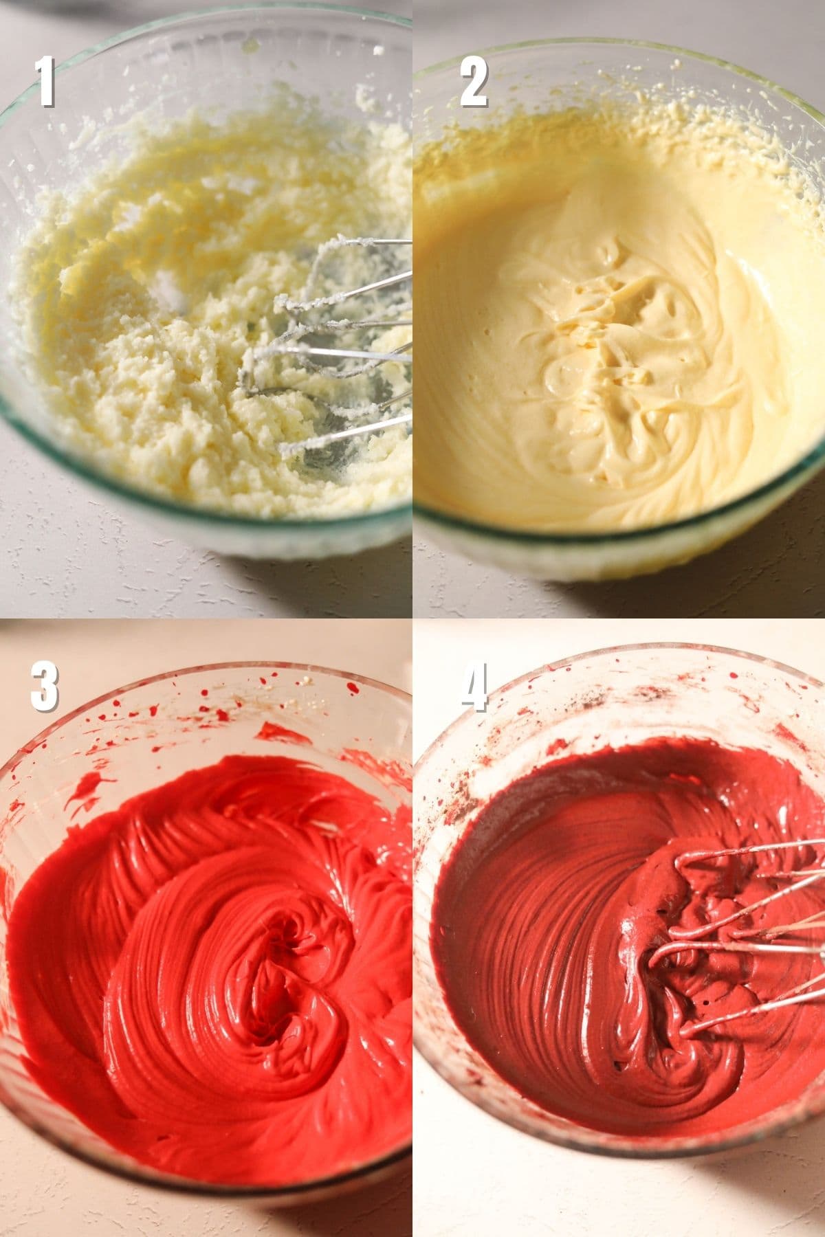 Step by step images for making red velvet brownies.