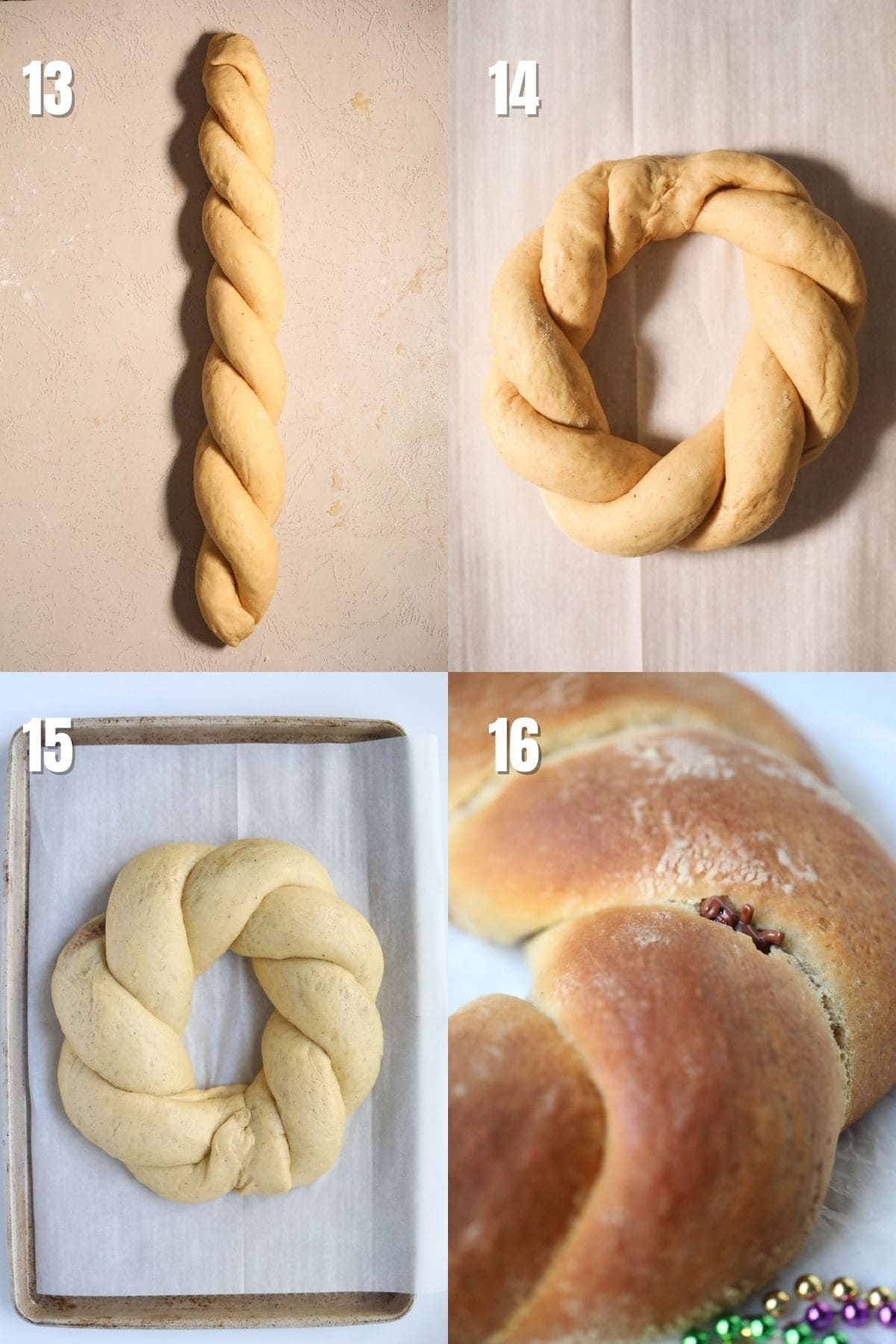 Step by step images for making New Orleans king cake.
