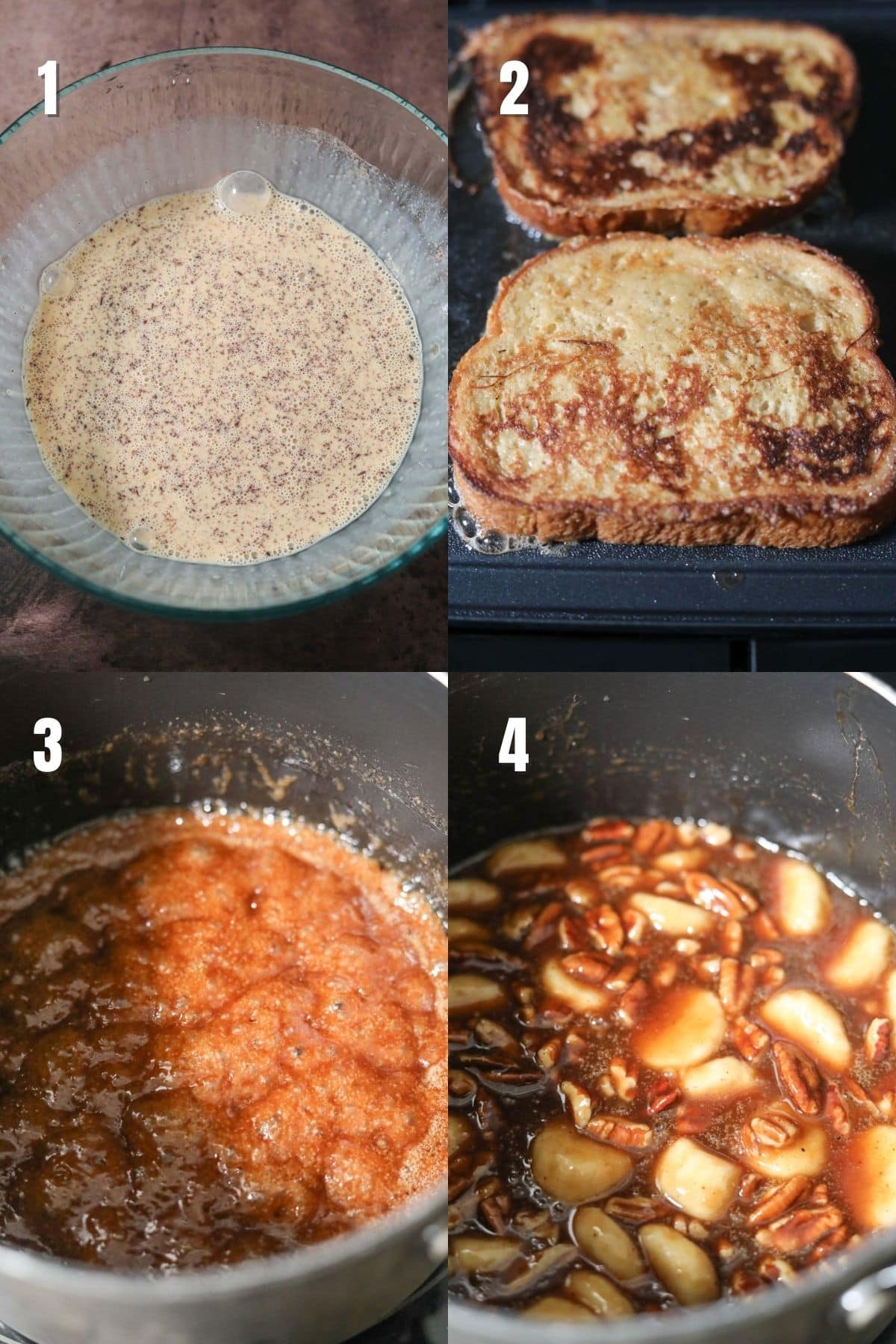 Step by step images for making bananas foster French toast.