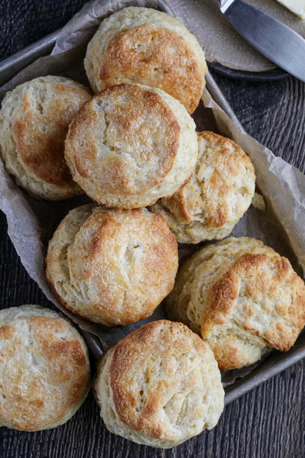 Southern buttermilk biscuits in a baking tray.