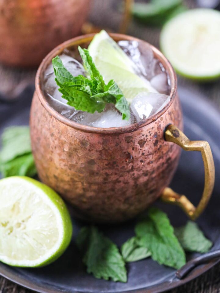 Virgin Moscow mule Mocktail in a copper mug on a silver tray.