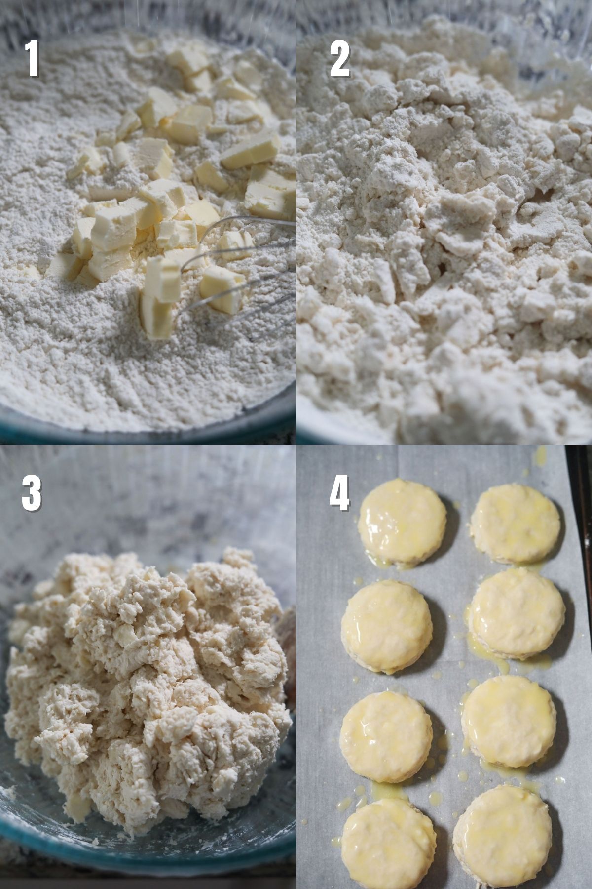 Step by step images for making southern buttermilk biscuits.