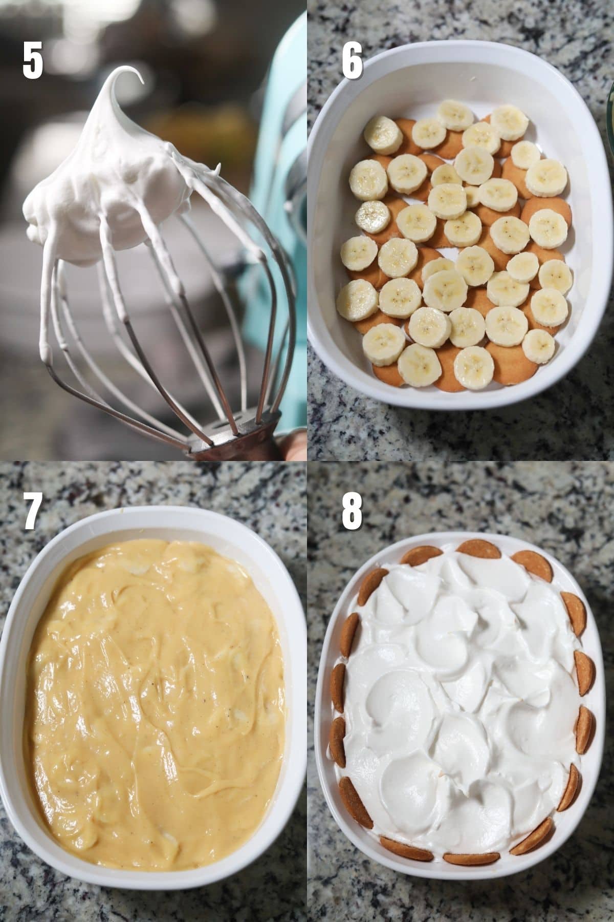 Step-by-step images for making old-fashioned banana pudding.