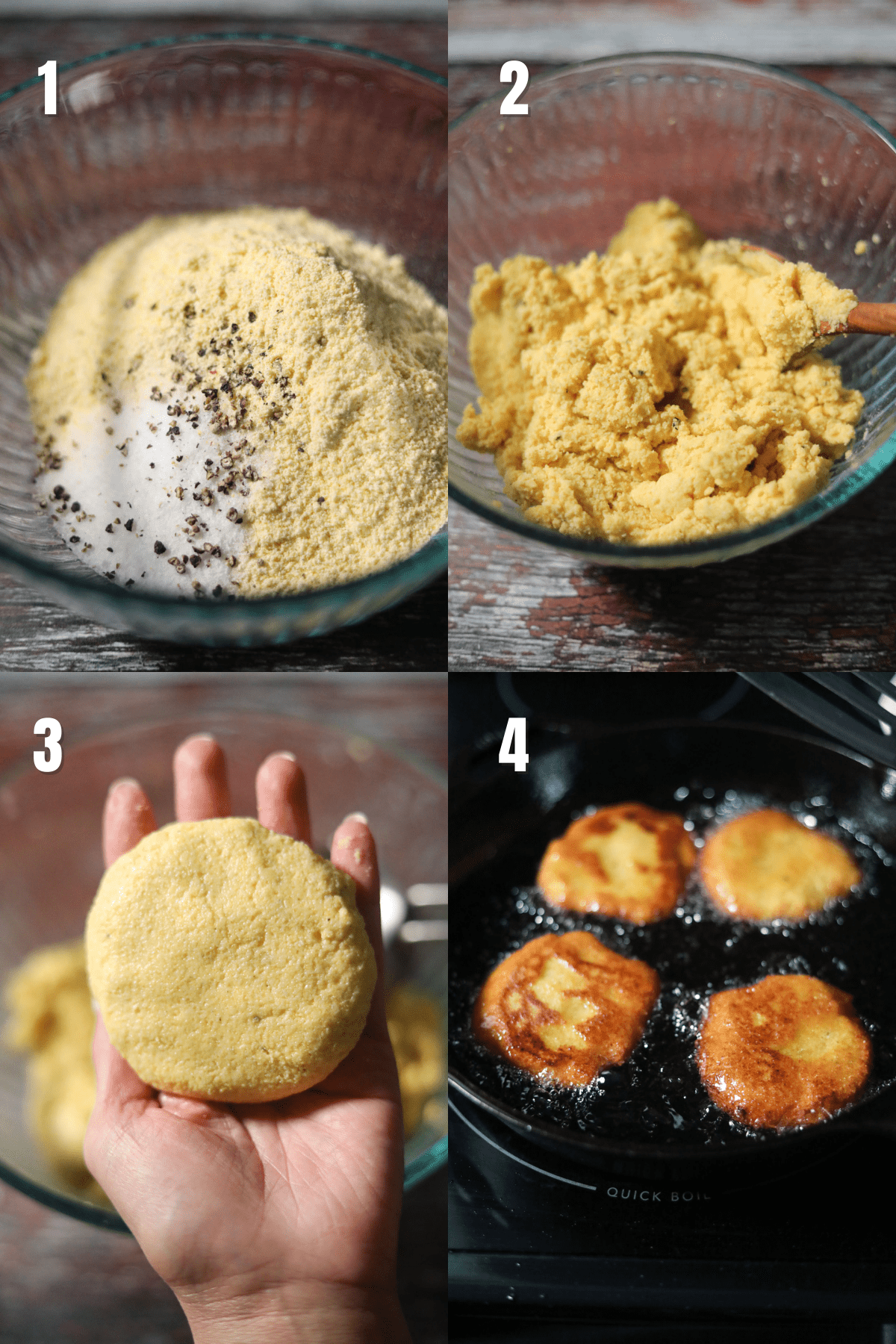 Step-by-step images for making hot water cornbread.