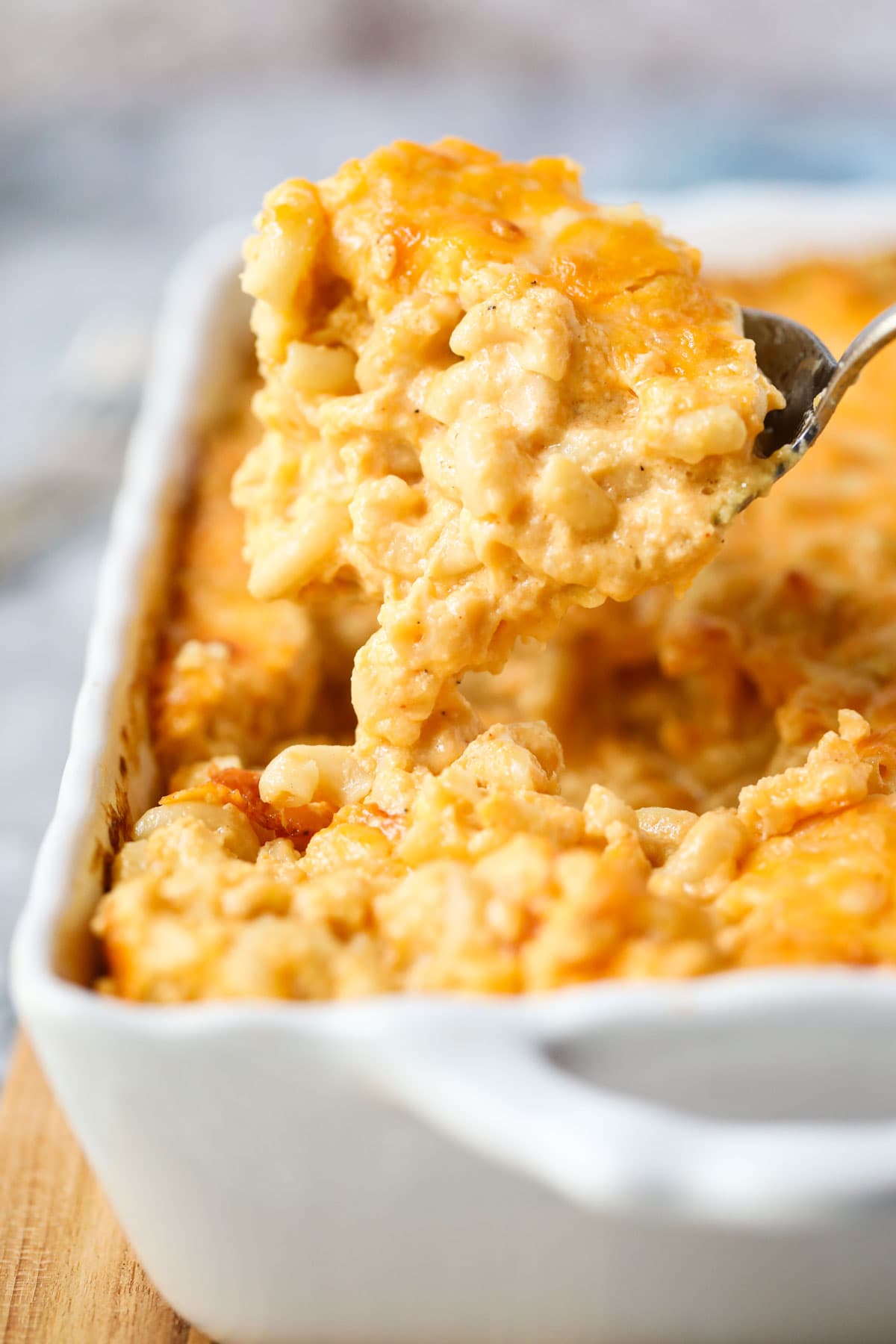 Southern baked mac and cheese on a spoon.