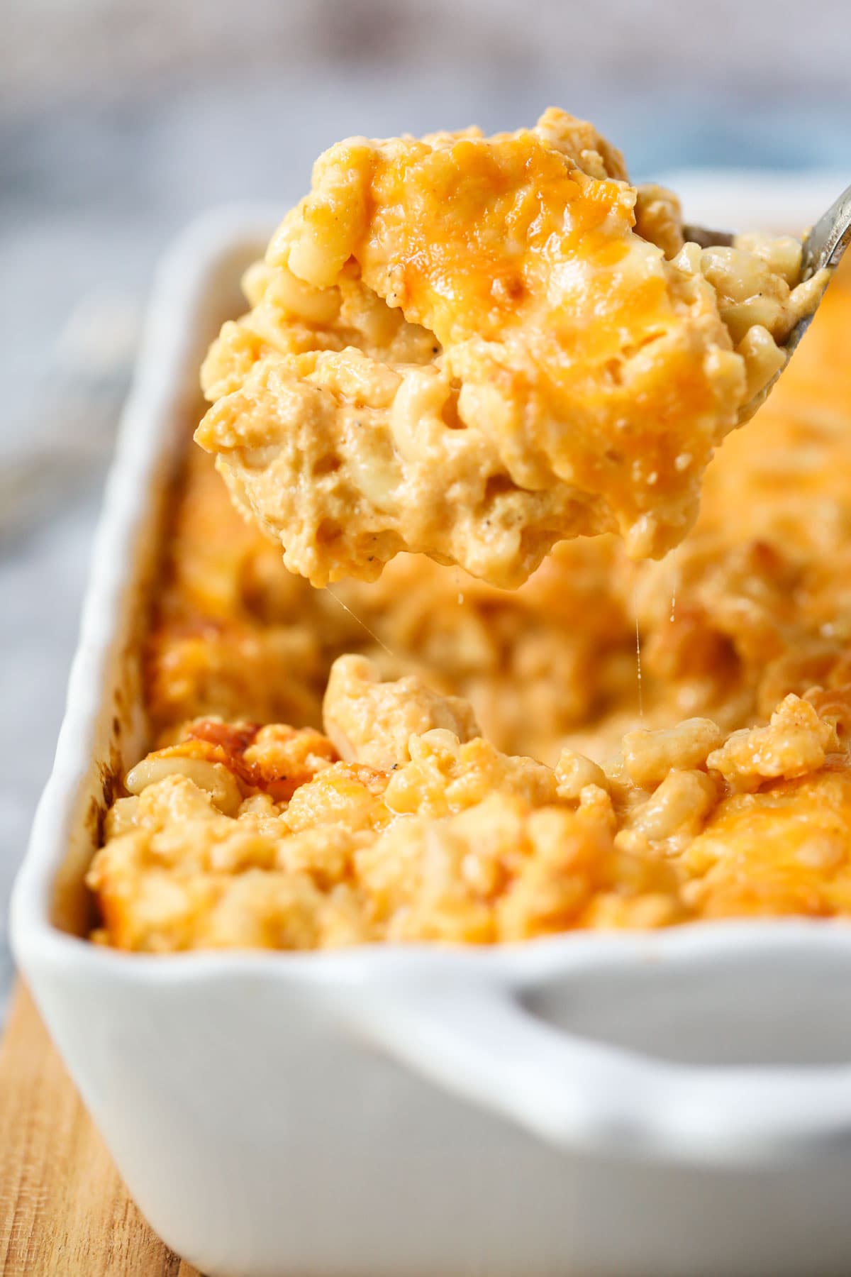 Southern baked mac and cheese on a spoon.