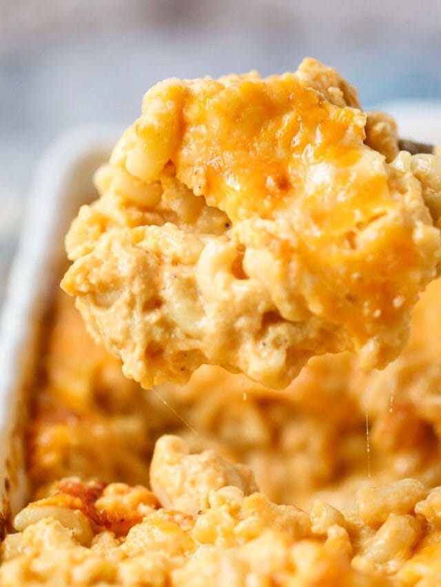 Southern baked mac and cheese on a spoon.