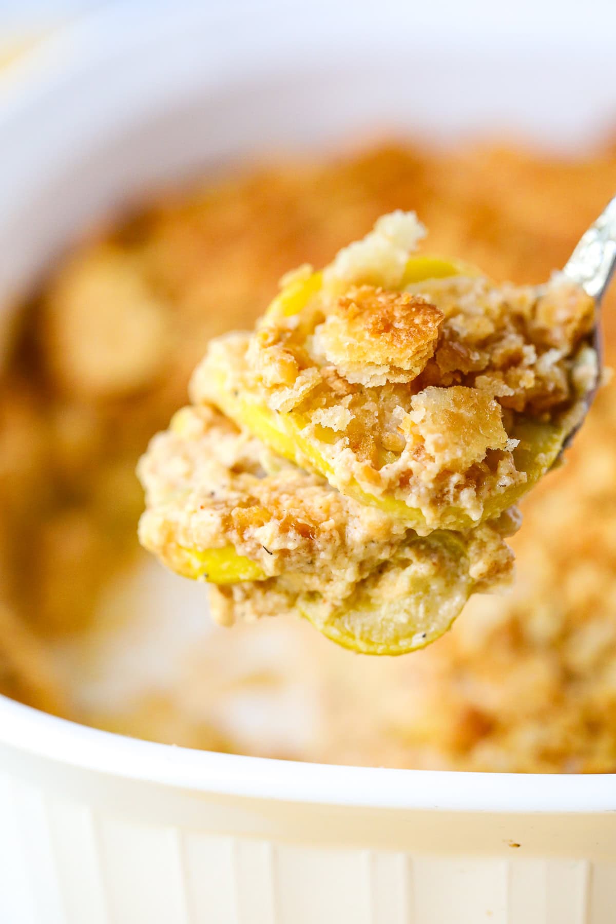 Photo of a serving of southern squash casserole on a serving spoon.
