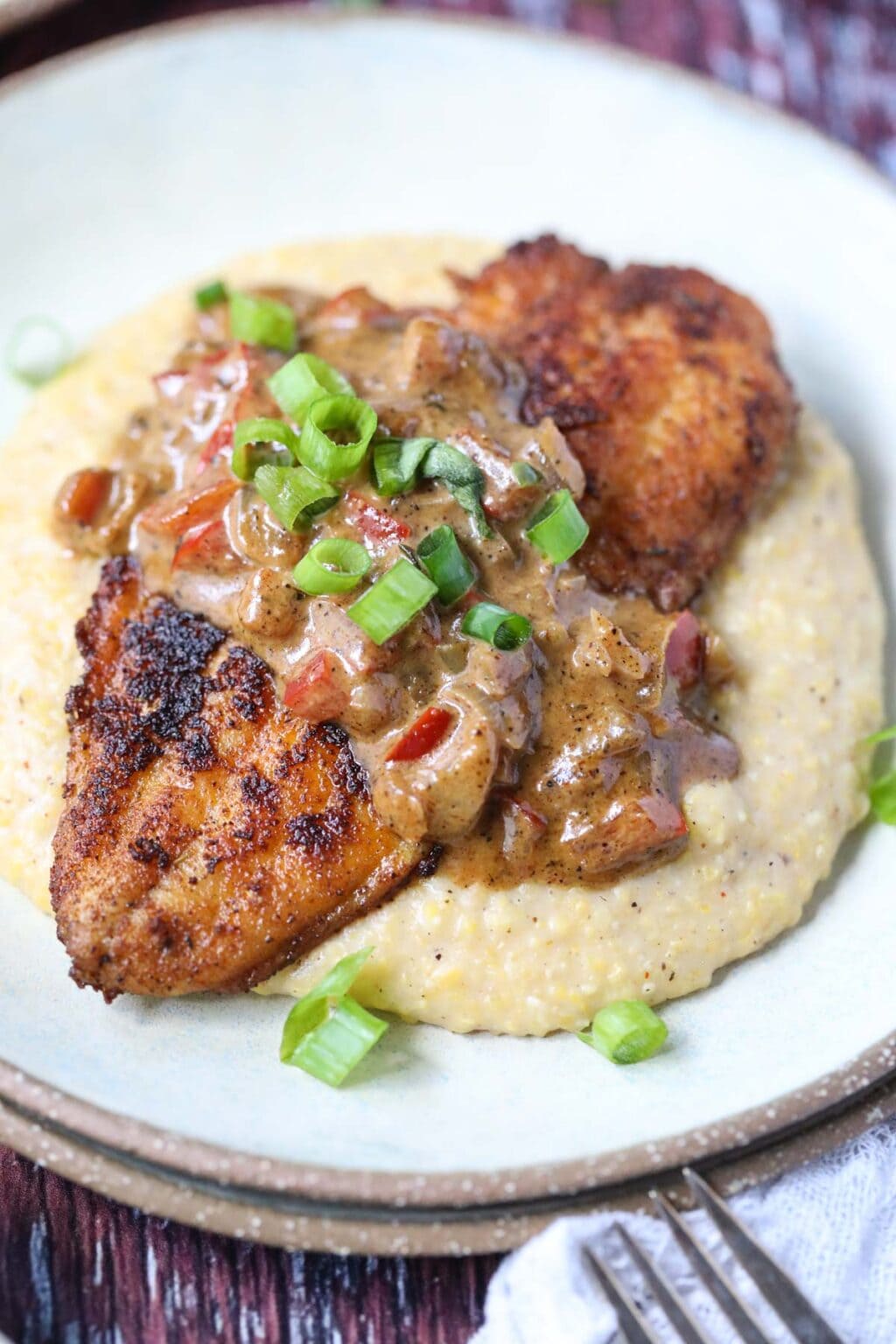 Blackened Fish and Cheese Grits - Pink Owl Kitchen